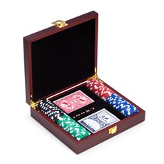 Poker Set with 100, 115 gram Clay Composite Chips, Two Decks of Playing Cards and 5 Poker Dice in Cherry Finish Wood Case and Brass Hardware