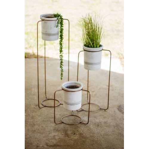 White Wash Pots With Copper Finish Metal Stands Set of 3