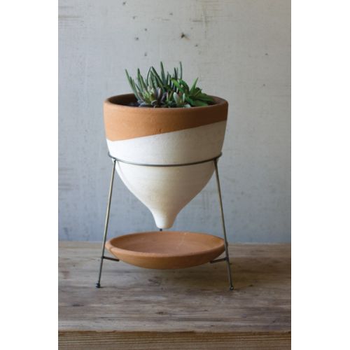 Natural and White Large Terracotta Funnel Planter with Wire Base
