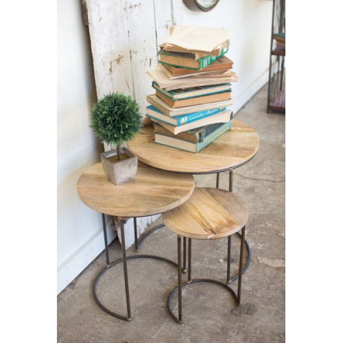Nesting Iron Accent Tables With Mango Wood Tops Set of 3