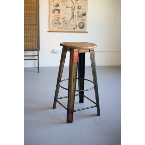 Recycled Metal Bar Stool With Wooden Top