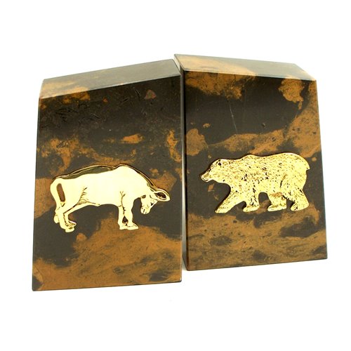 Tiger Eye Marble Bookends with Gold Plated Stock Market Emblem
