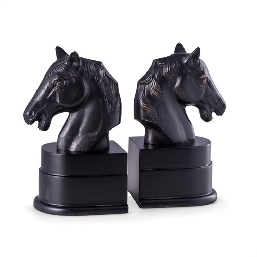Cast Metal Horse Head Bookends with Bronzed Finish Black Wood Base