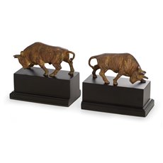 Brass Double Bull Bookends with Flamed Patina Finish on Black Wood Base