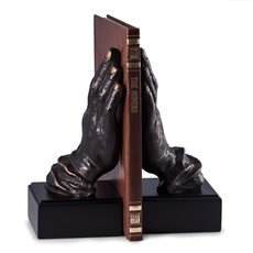 Cast Metal Hands Bookends with Bronzed Finish on Black Wood Base