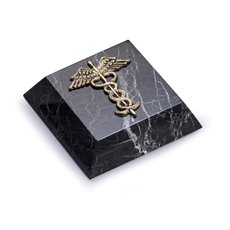 Black Zebra Marble Paperweight with Antique Gold Plated Medical Emblem