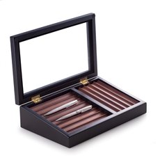 Black and Burgundy Wood Pen Box with Hinged Glass Top Holds 13 Pens with Storage on Bottom