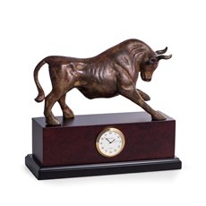Brass Bull Sculpture with Flamed Patina Finish with Quartz Clock on Burl Wood and Black Base