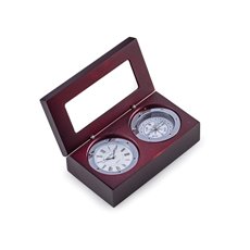 Compass and Clock in Mahogany Hinged Box with Chrome Plate and Accents
