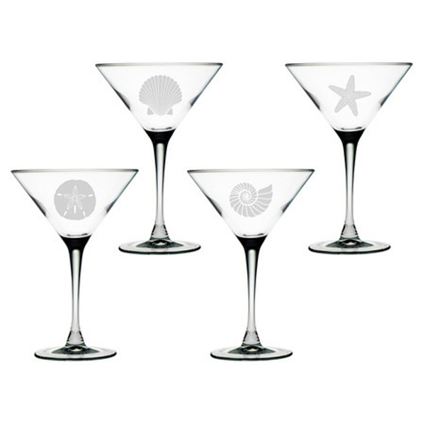 Seashore Etched Martini Glass Mixed Set Of 4
