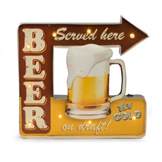 Beer Served Here Metal Sign, LED Lighted, Wall Mountable