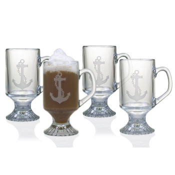 Anchor Etched Footed Coffee Mug Glasses (set of 4)
