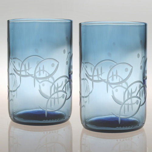 Etched Fish Blue Glass Tumblers (set of 4)