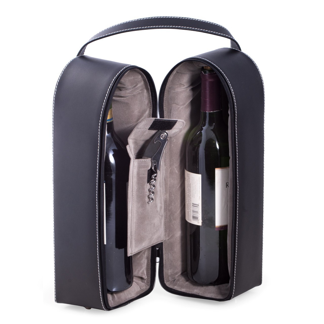 Genuine Leather 2 Bottle Wine Carrier with Corkscrew