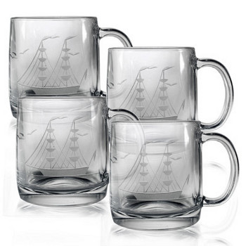 Clipper Ship Etched Coffee Mug Glasses (set of 4)
