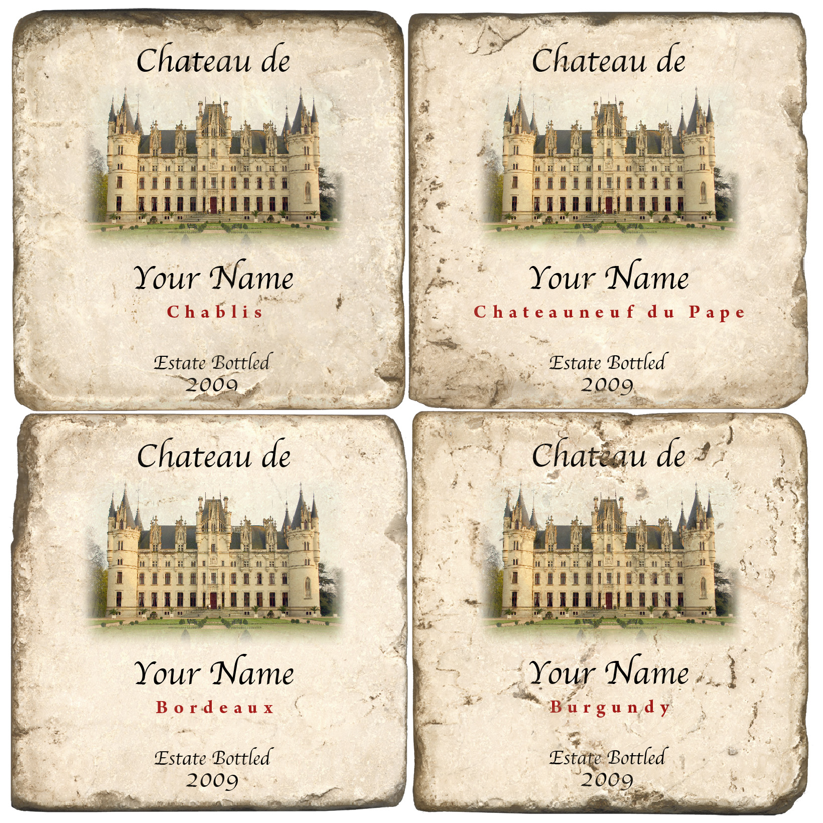French Wine Personalized Name Drop Coasters (set of 4)