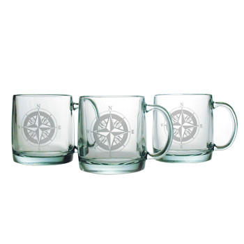 Compass Etched Coffee Mug Glasses (set of 4)
