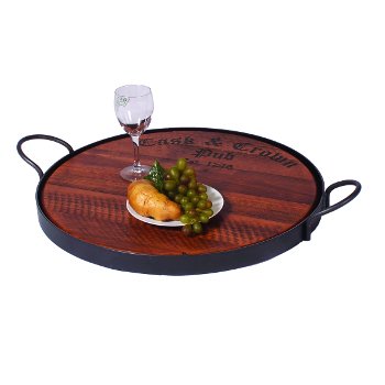 Cask & Crown Wooden Serving Tray with Iron Handles