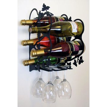 Wrought Iron Wall Mounted Grapevine Wine Bottles and Glassware Rack