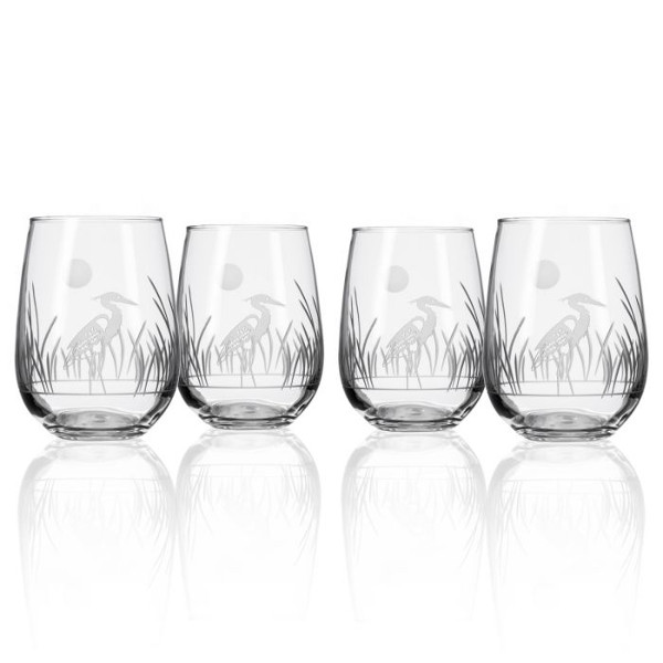 Etched Heron Stemless Wine Glasses (set of 4)