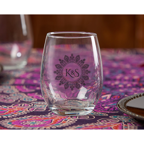 Personalized Henna Monogram Stemless Wine Glass Wedding Favors (set of 36)