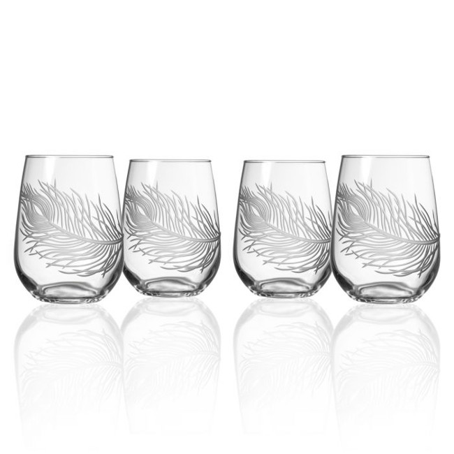 Etched Glass Peacock Feather Stemless Wine Glasses (set of 4)
