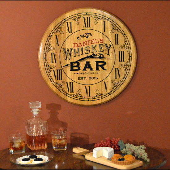 Personalized Whiskey Bar Barrel Head Clock