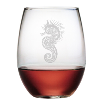 Seahorse Etched Stemless Wine Glass Set
