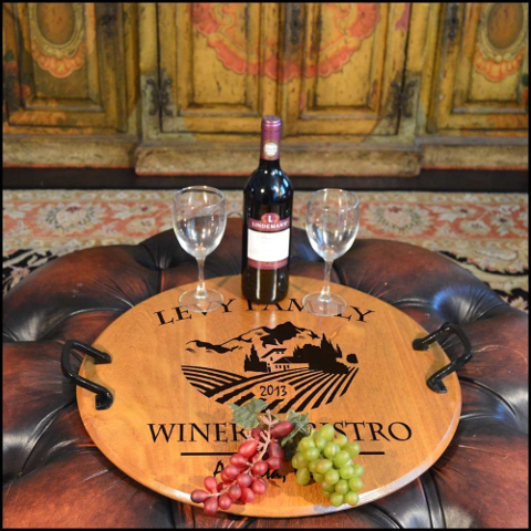 Personalized Barrel Head Serving Tray with Vineyard