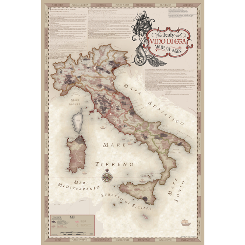 Vino di Eta Wine Regions of Italy Map with Mermaid Cartouche
