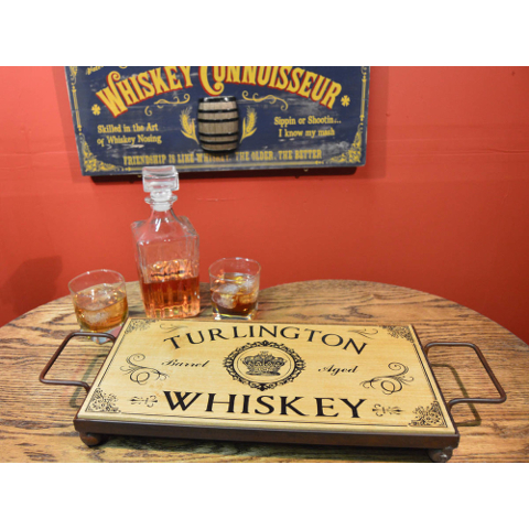 Whiskey Personalized Wood and Wrought Iron Serving Tray
