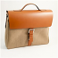 Saddle Leather and Khaki Fabric Briefcase with Multi Compartments and Shoulder Strap