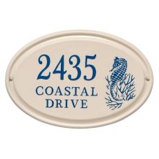 Personalized Sea Horse Ceramic Oval Plaque, Bristol Plaque With Dark Blue Etching