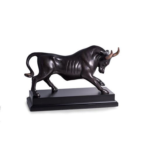 Brass Raging Bull Sculpture on Black Wood Base