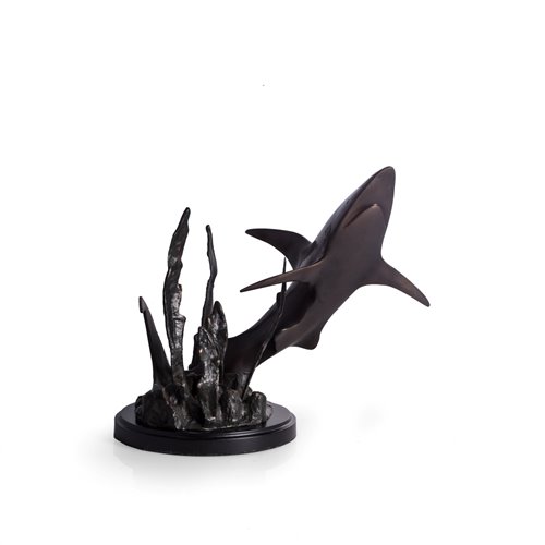 Brass Shark Attack Sculpture on Black Wood Base