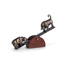 See-Saw Metal Bull and Bear Sculpture with Teak Wood Base
