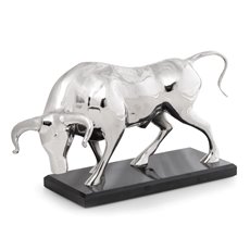 Bull Sculpture with Nickel Plated Finish on Black Marble Base