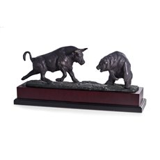 Charging Bull and Bear Sculpture with Bronzed Metal Finish on Burl Wood Base