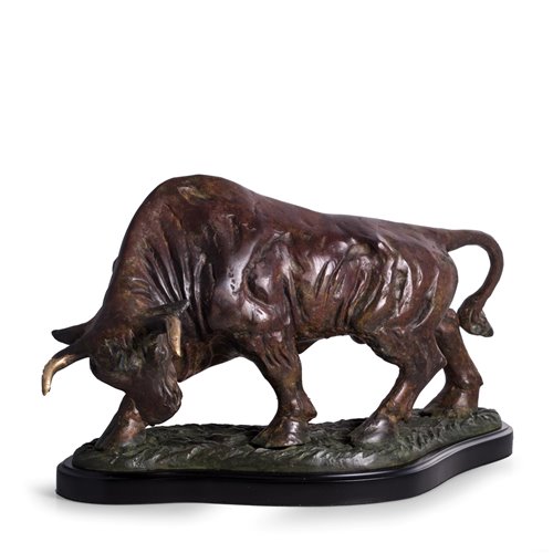 The Bull Sculpture with Flamed Patina Finish on Wood Base