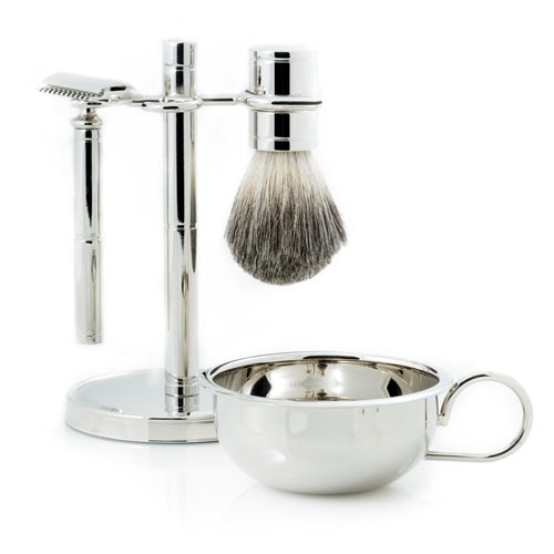 Safety Razor and Pure Badger Brush with Soap Dish on Chrome Stand