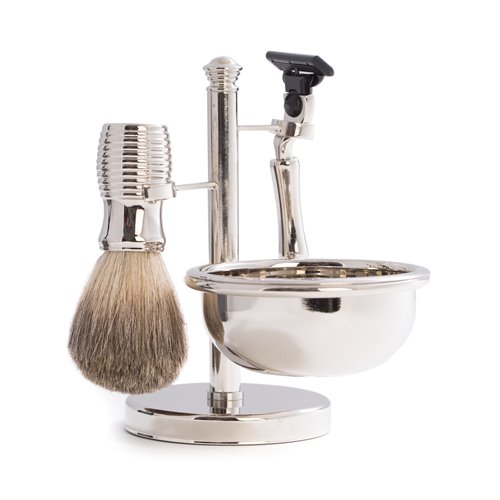 Mach 3 Razor and Pure Badger Brush with Soap Dish on Chrome Stand