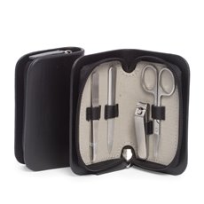 4 Piece Manicure Set with Small Nail Clippers, Scissors, File and Tweezers in Black Leather Case