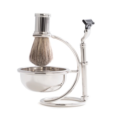 Mach 3 Razor and Pure Badger Brush with Soap Dish on Chrome Stand