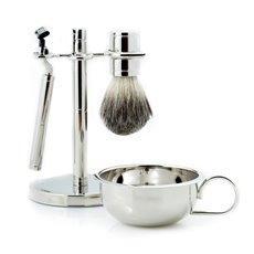 Mach 3 Razor and Pure Badger Brush with Soap Dish on Chrome Stand