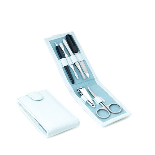6 Piece Manicure Set with Cuticle Trimmer and Cleaner, Small Nail Clipper, Scissors, File and Tweezers in Lite Light Blue Case with Snap Closure