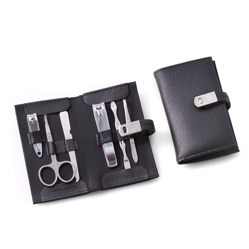 6 Piece Manicure Set with Cuticle Cleaner, Small and Large Nail Clippers, Scissors, File and Tweezers in Black Leather Case