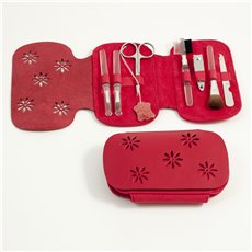 7 Pieces Manicure Set with Small Clipper, File, Scissor and 4 Makeup Brushes in Red Leather and Ultra Sued Case