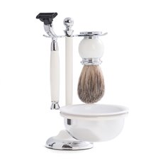 Mach3 Razor and Pure Badger Brush with Soap Dish on Chrome Plated White Enamel Finish Base
