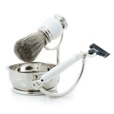 Mach 3 Razor with Badger Brush and Soap Dish on Chrome Stand and White Enamel Finish