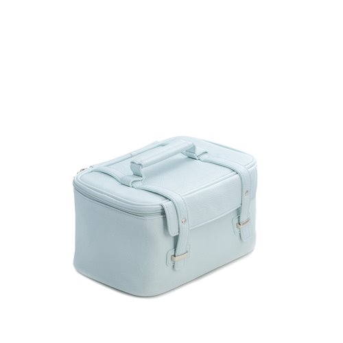 Light Blue Leatherette Travel Makeup Case with 3 Removable Compartments, Elastic Loops, Zippered Compartment, Nylon Lining and Zipper Closure